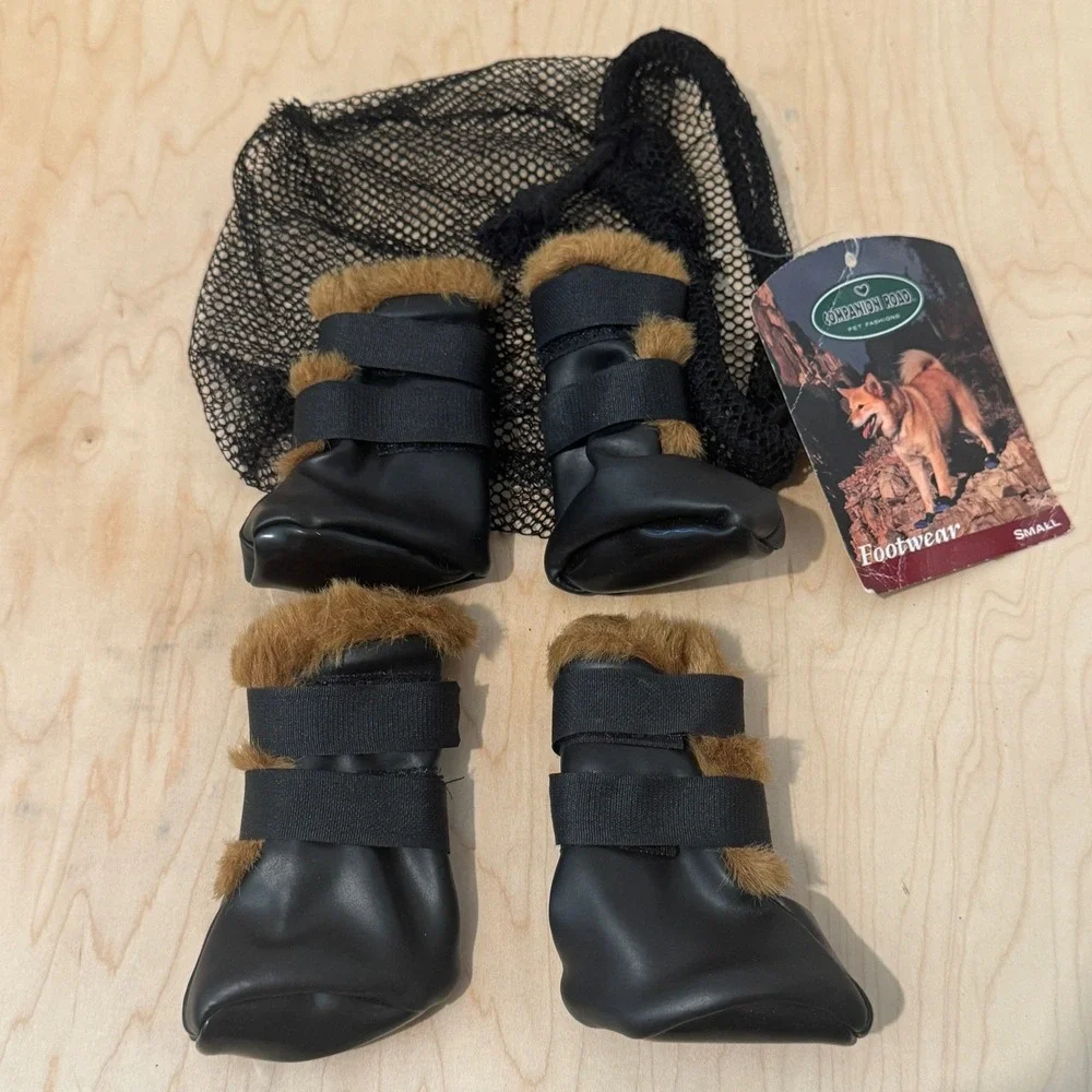 Companion Road Dog Faux Leather Black Brown Fur Booties Size Small Pet Boots